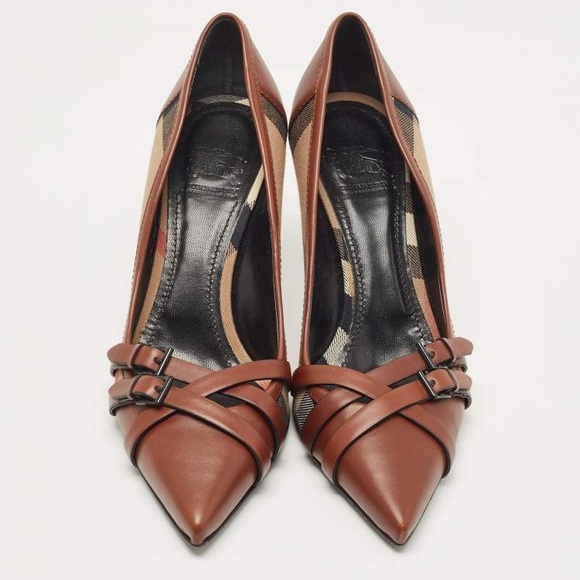 Burberry Brown Leather and Nova Check Canvas Pointed Toe Pumps - Picture 1 of 4